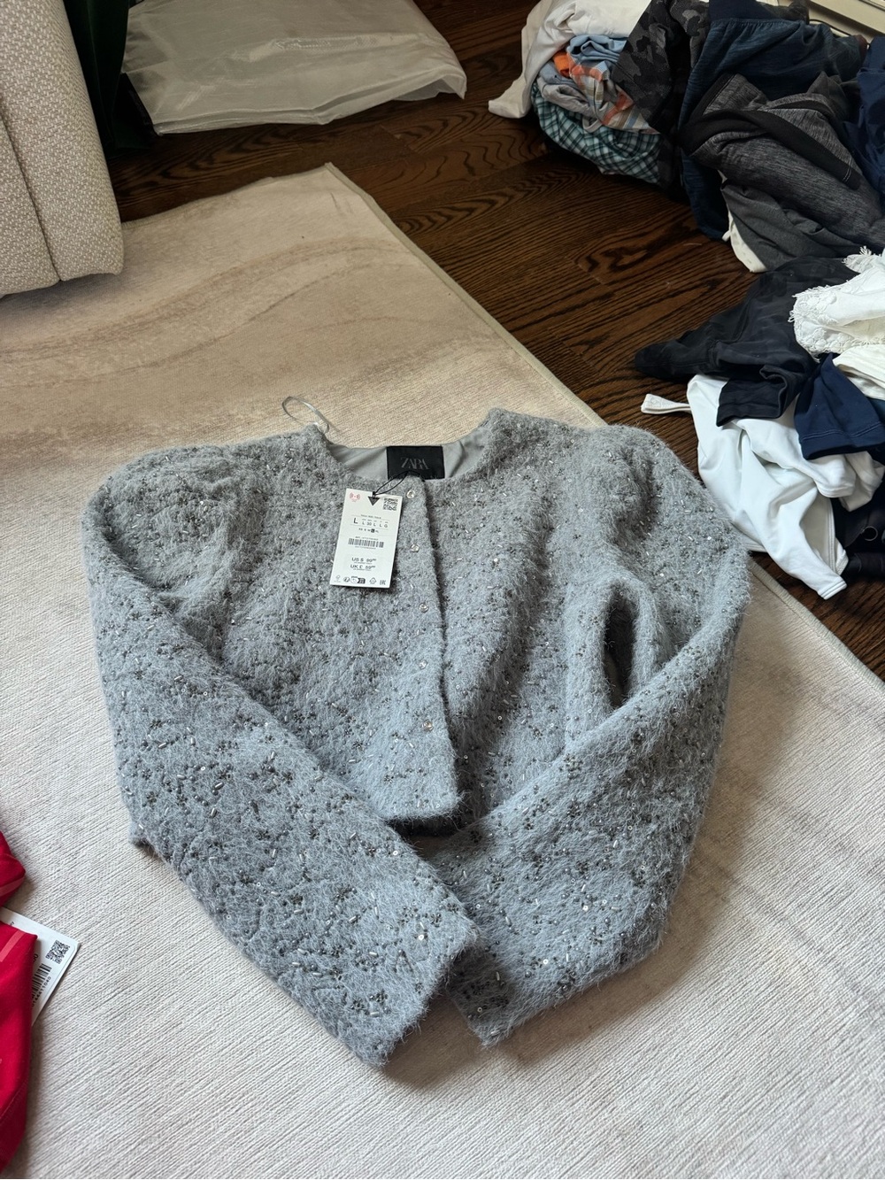 Zara Women's Grey Faux Fur Sequin Beaded Knit Shorts & blazer